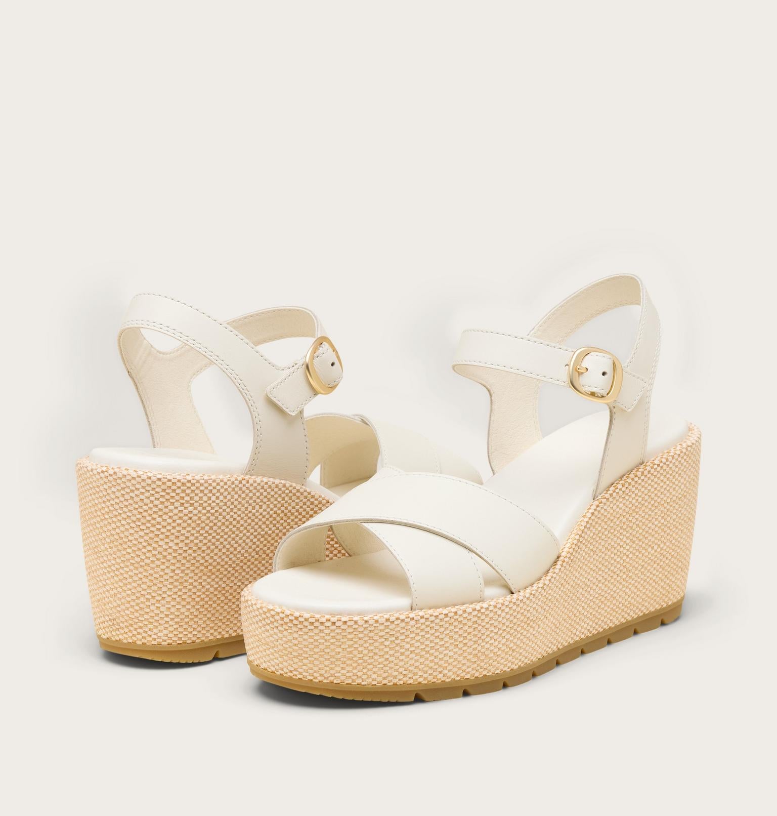 Sorel Sunpeak White wedge sandals with beige raffia sole.