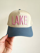Lake Vintage Trucker Hat in Cream, Blue, and Pink.