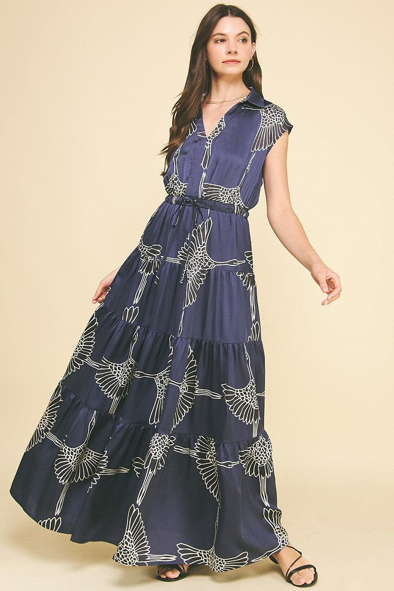 Navy Maxi Dress with bird print pattern