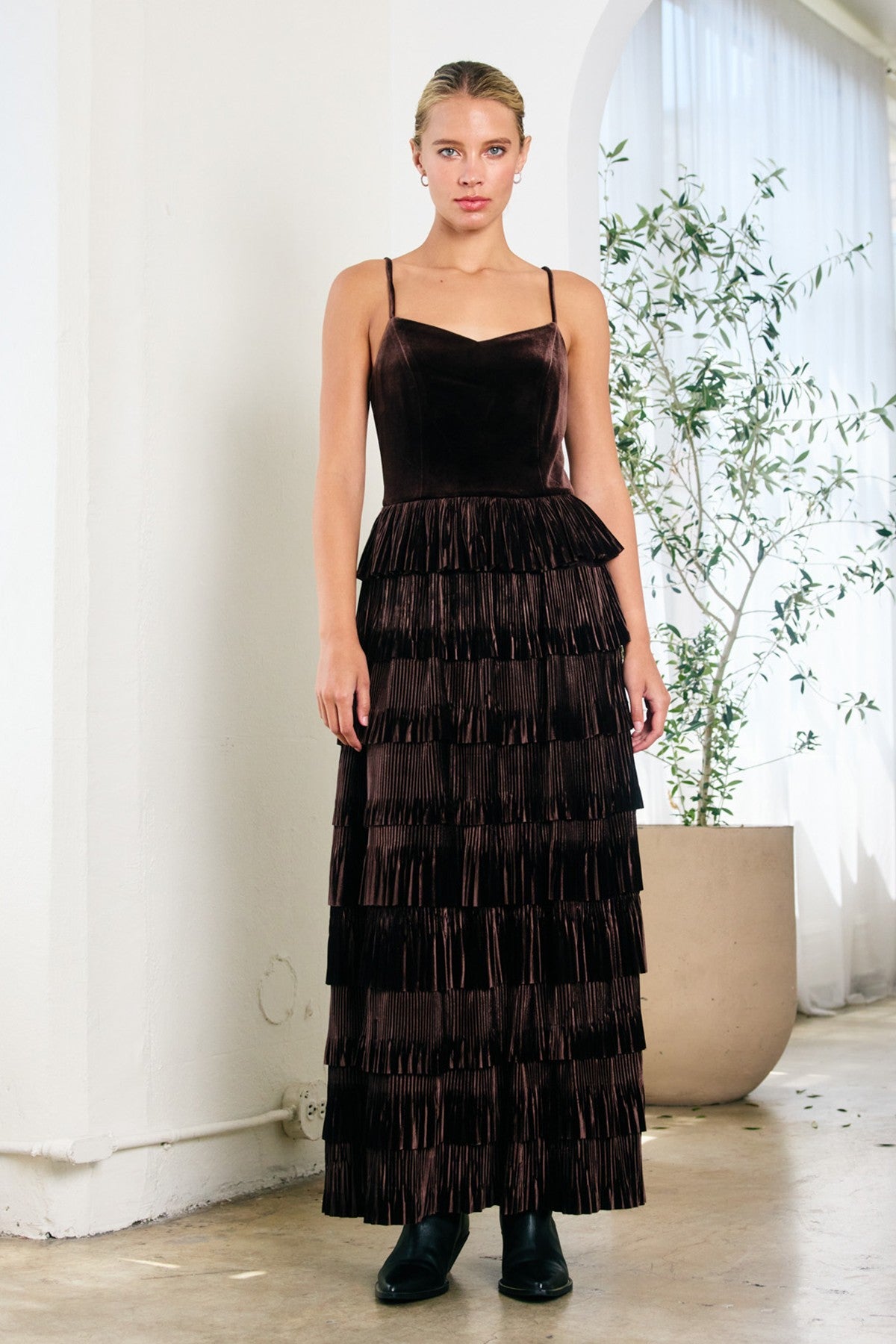Brown velvet maxi tiered cami dress