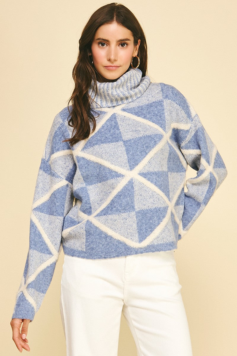 Blue and Cream Geometric Pattern, Turtleneck sweater.