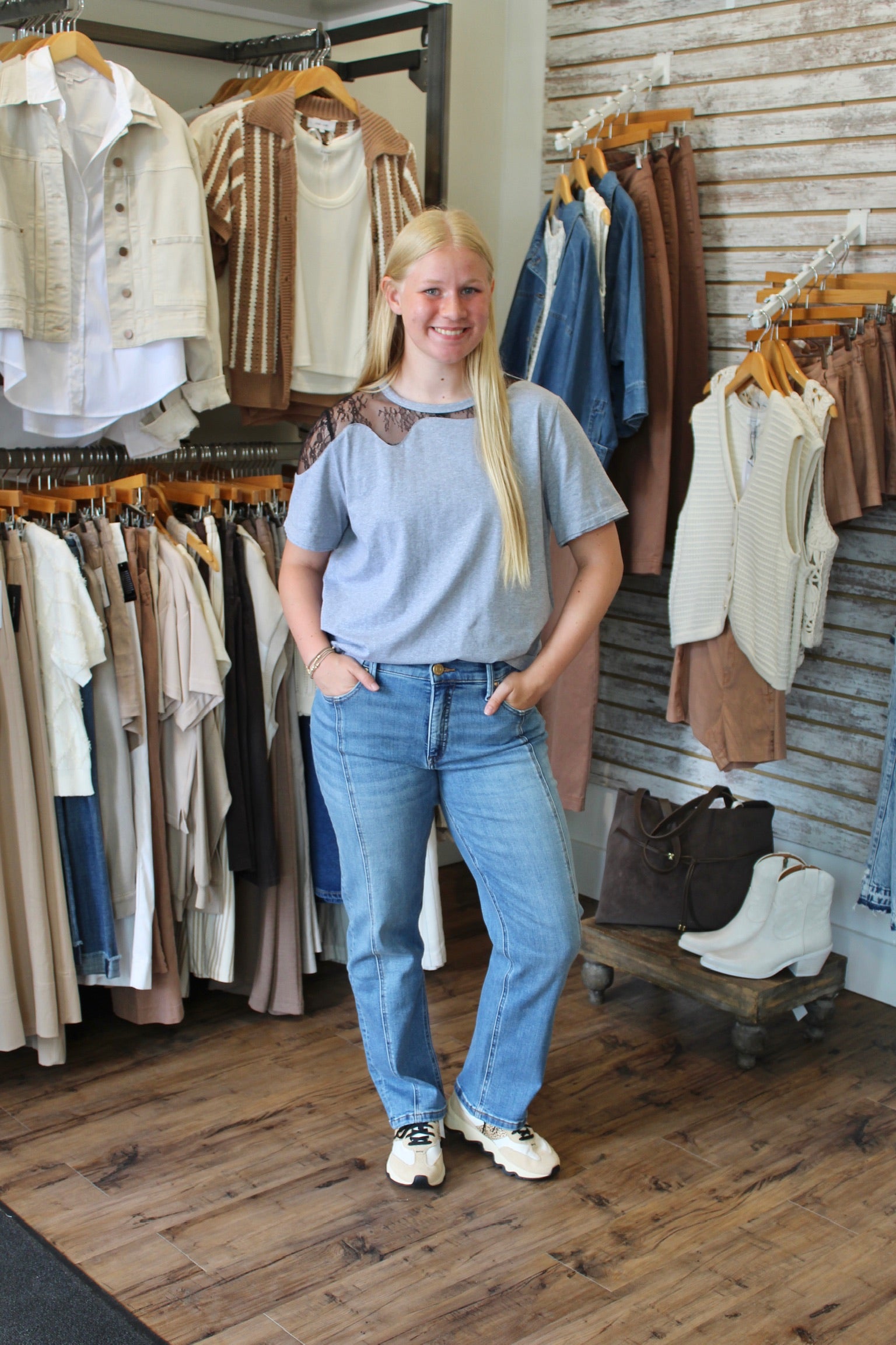 Lace Insert Cotton Tee in Grey
