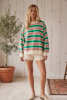 Oversized Terry Striped Sweatshirt - Green/Rust Combo