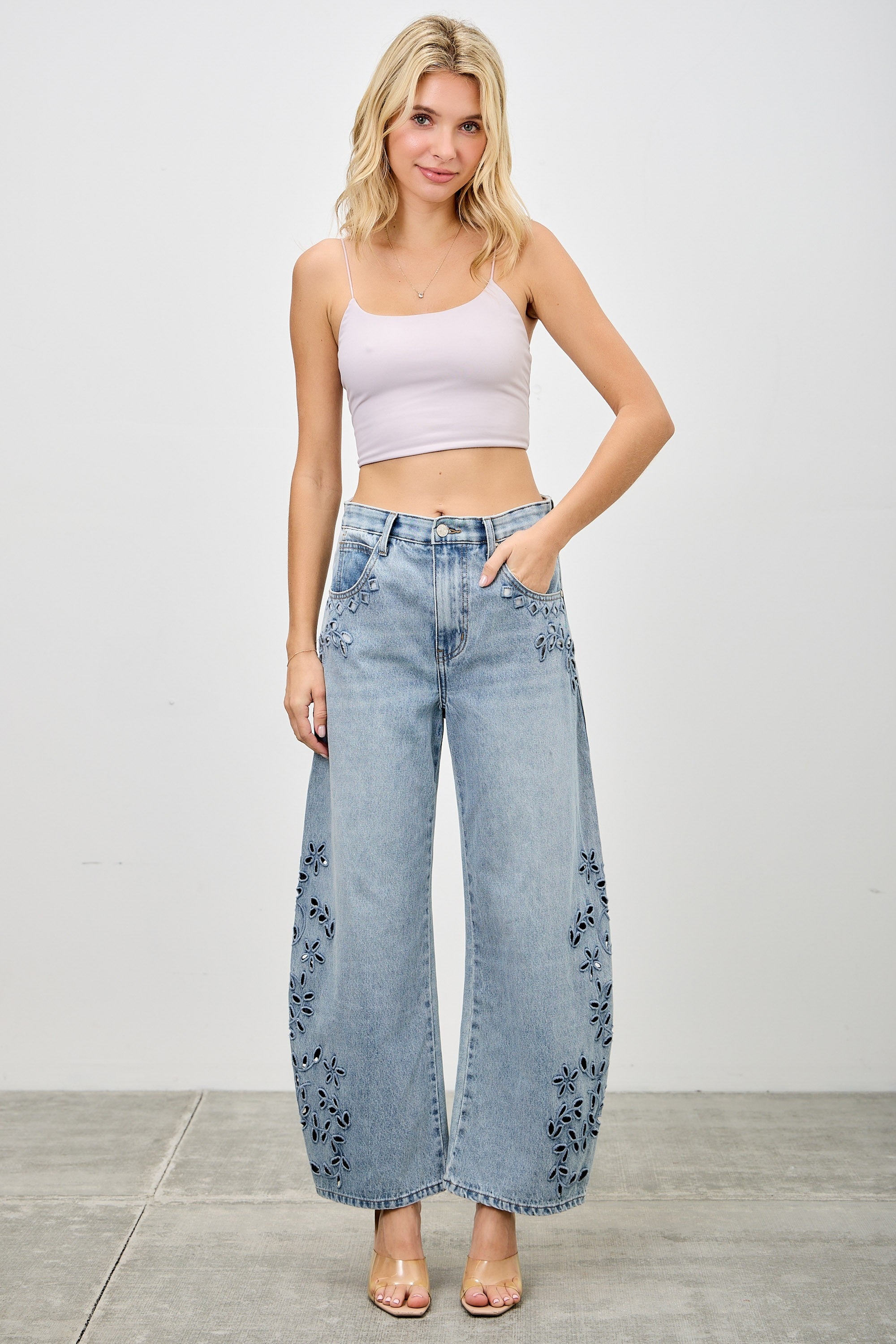 High Rise Low Curve Barrel Denim with Embroidery