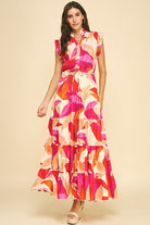 Pinch Leaf Print Button Down Tiered Dress in Red