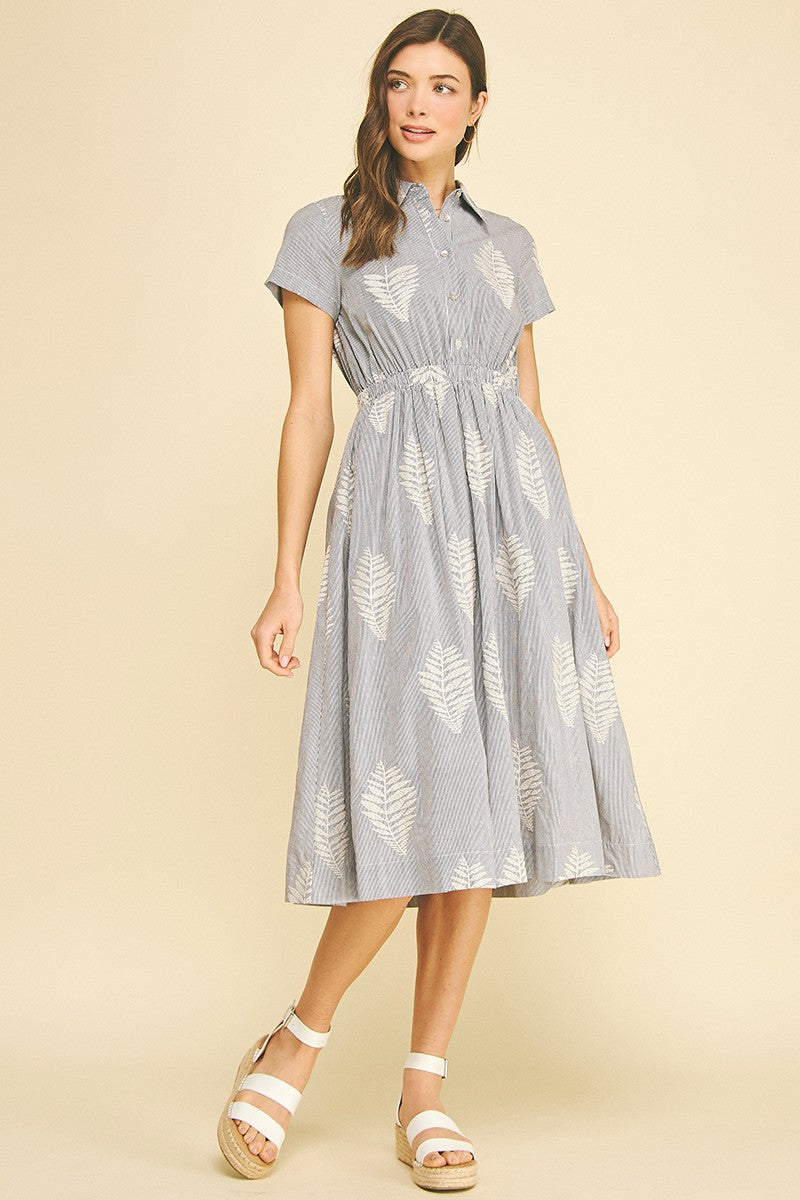 Pinch Striped Leaf Embroidered Midi Dress in Blue/Black