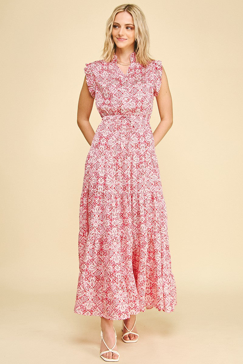 Pinch Floral Print Tiered Maxi Dress in Pink