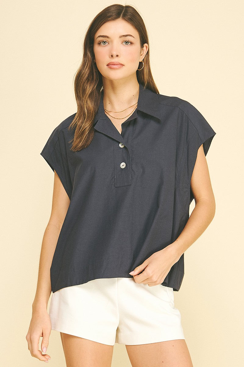 Pinch Solid Cap Sleeve Blouse Top in Navy
