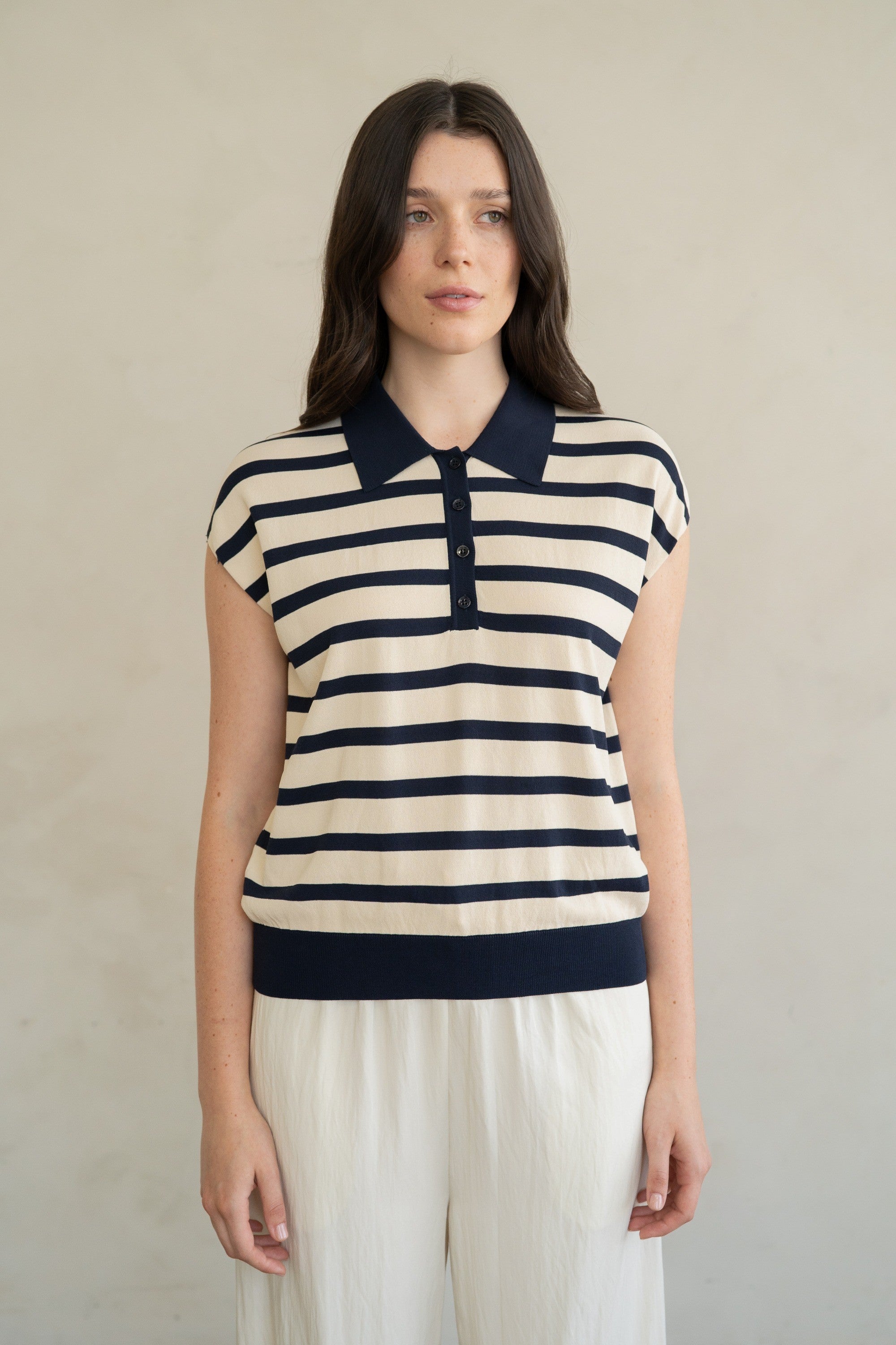 Cream and Navy Striped Polo Top