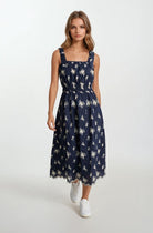Doe and Rae Scallop Eyelet Tie Shoulder Midi Dress in Navy