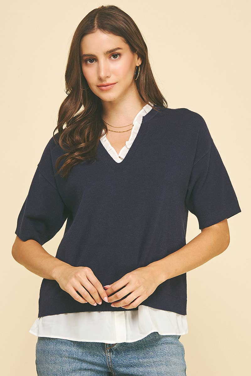 V Neck Short Sleeve Blue Mixed Media Top