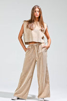 Wide Leg Drawstring Corduroy Pants in Camel