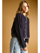 Miou Muse Plaid Contrasted Button Front Cardigan - Navy