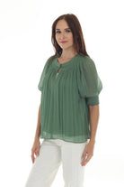 Rain + Rose Short Sleeve Green Flowy Blouse
