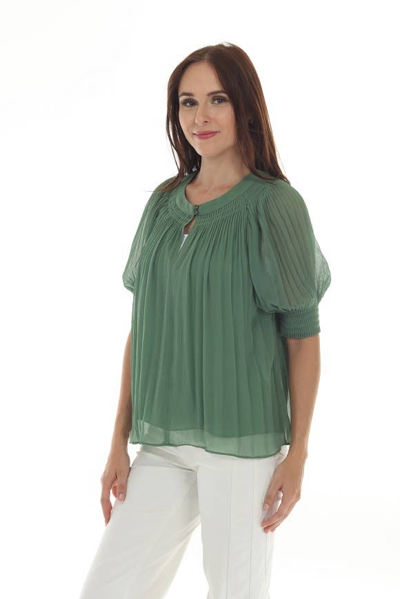 Rain + Rose Short Sleeve Green Flowy Blouse