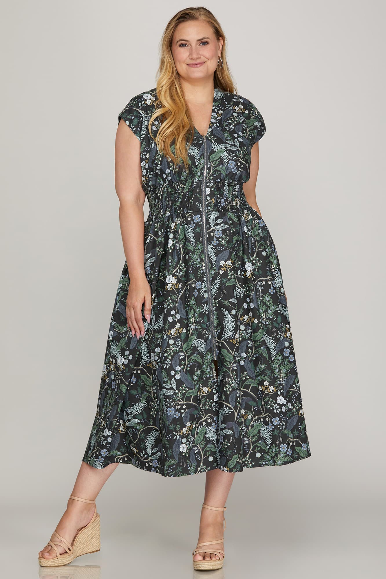 Floral Midi Dress With Font Zip and Smocked Waist