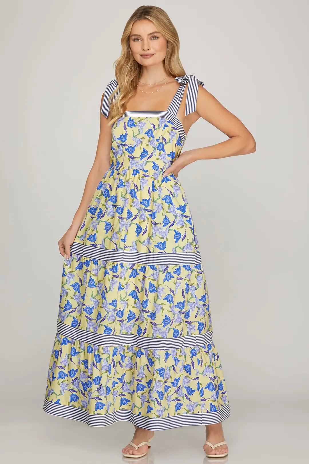 She & Sky Tied-Shoulder Tiered Maxi Dress in Blue