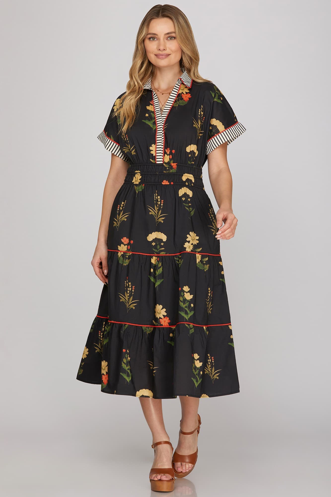 Black Floral Mixed Media midi Dress