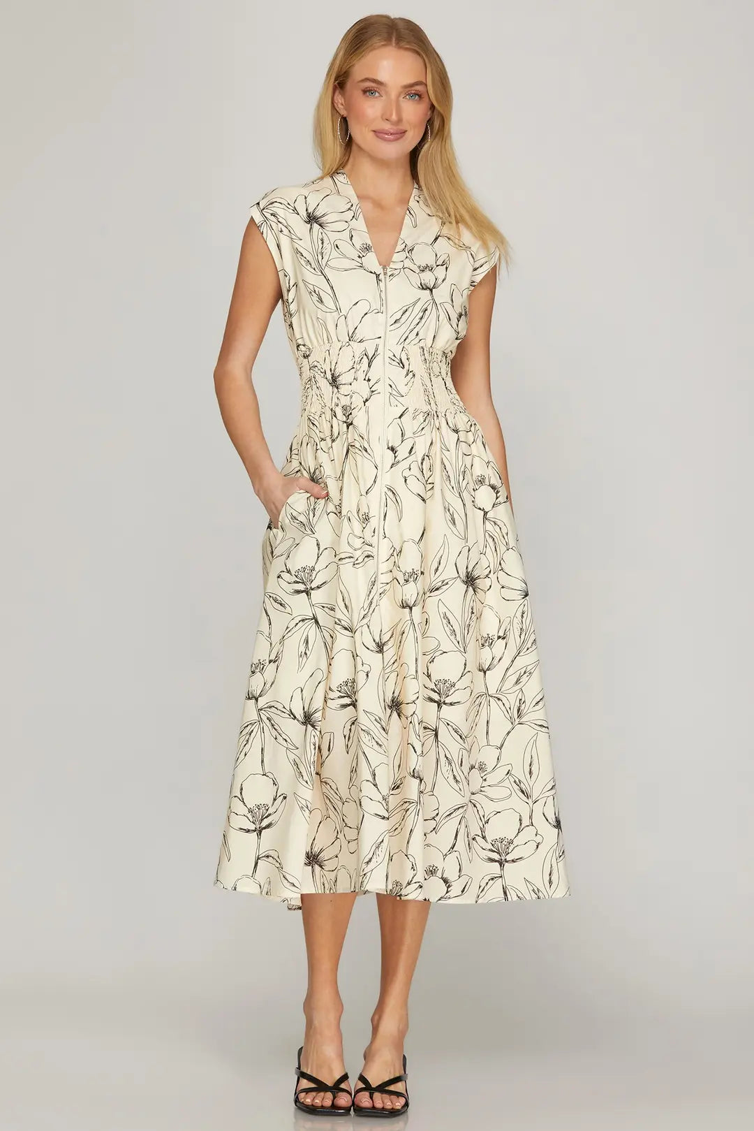 She & Sky Drop Shoulder Smocked Waist Front Zip Printed Mini Dress with Pockets 