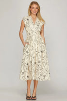 She & Sky Drop Shoulder Smocked Waist Front Zip Printed Mini Dress with Pockets 