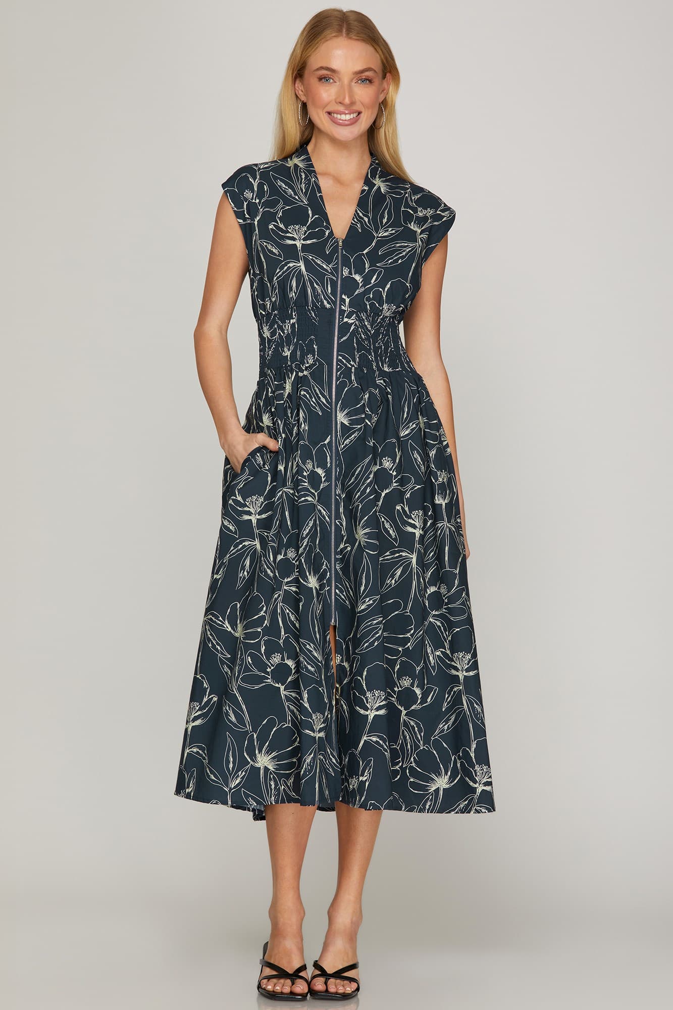 She & Sky Drop Shoulder Smocked Waist Front Zip Printed Midi Dress with Pockets in Navy Floral