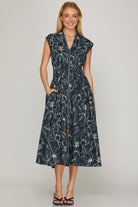 She & Sky Drop Shoulder Smocked Waist Front Zip Printed Midi Dress with Pockets in Navy Floral
