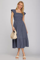 Navy blue plaid midi dress with ruffle sleeves