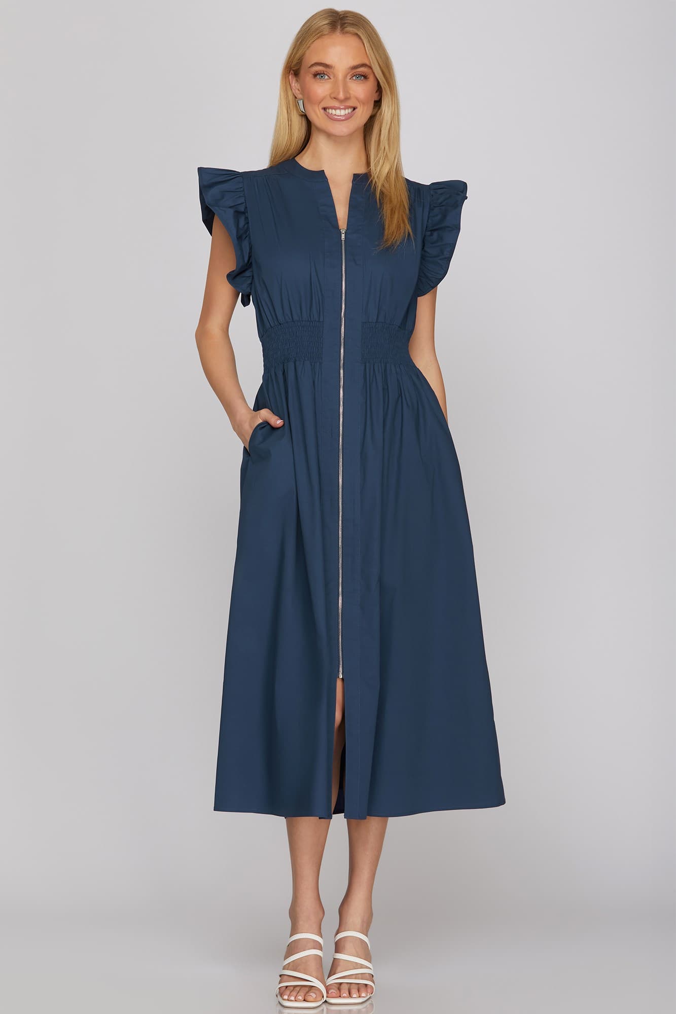 navy blue midi dress ruffle sleeve smocked waist zip front with pockets