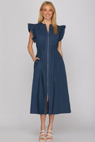 navy blue midi dress ruffle sleeve smocked waist zip front with pockets