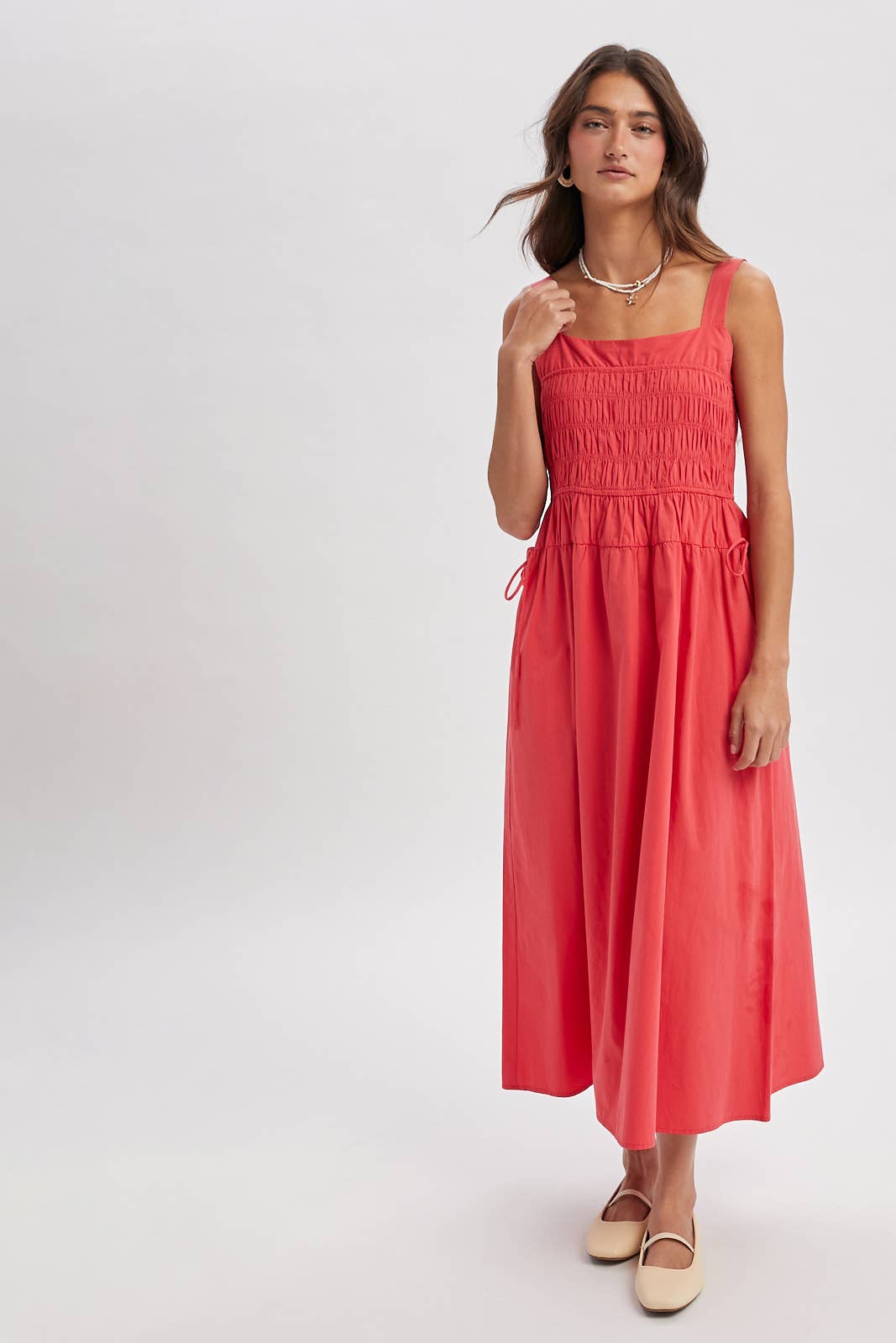 Wishlist Square Neck Cami Midi Dress in Coral Red
