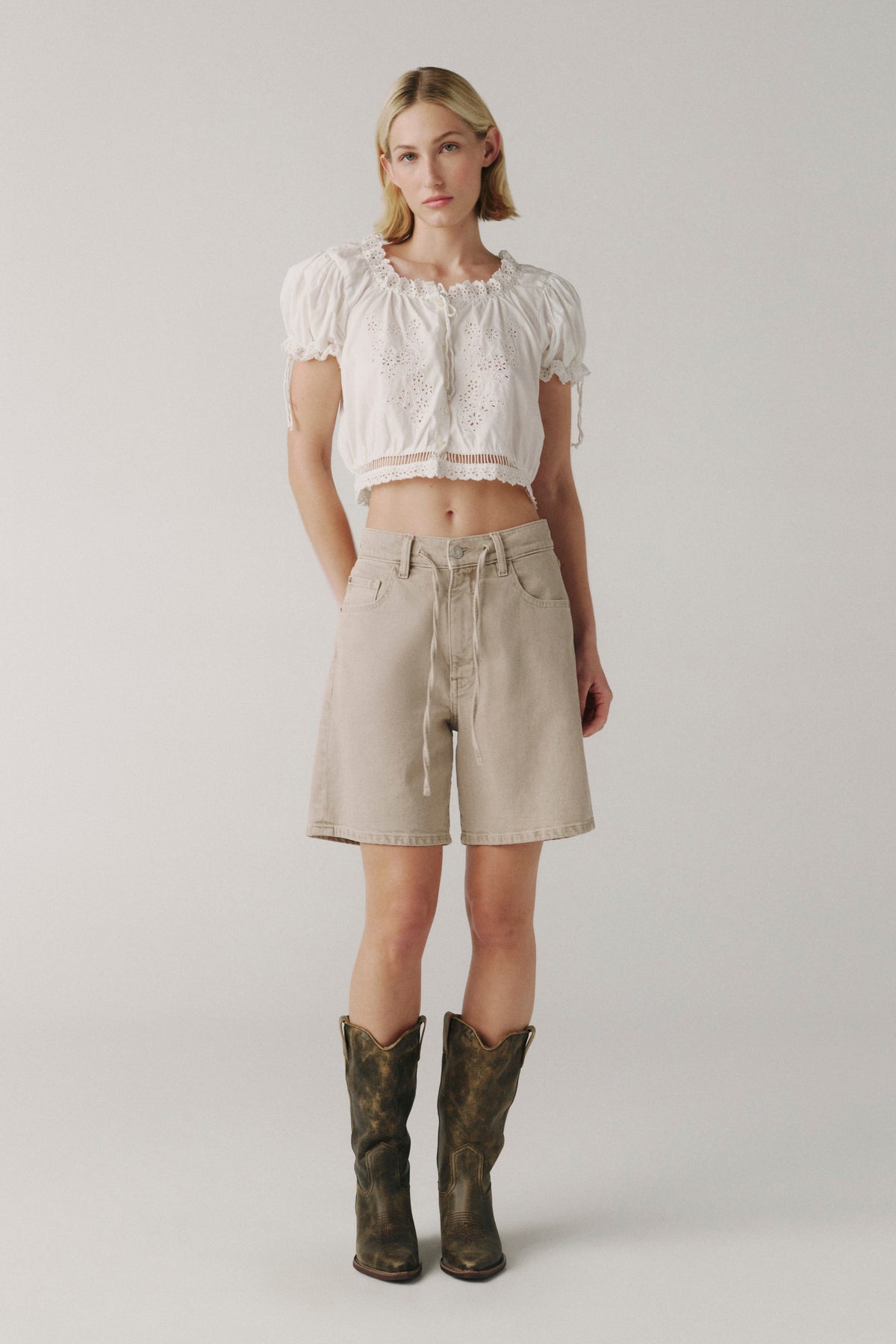 Beige BNA Soft Curve Long Shorts with tie at the waist