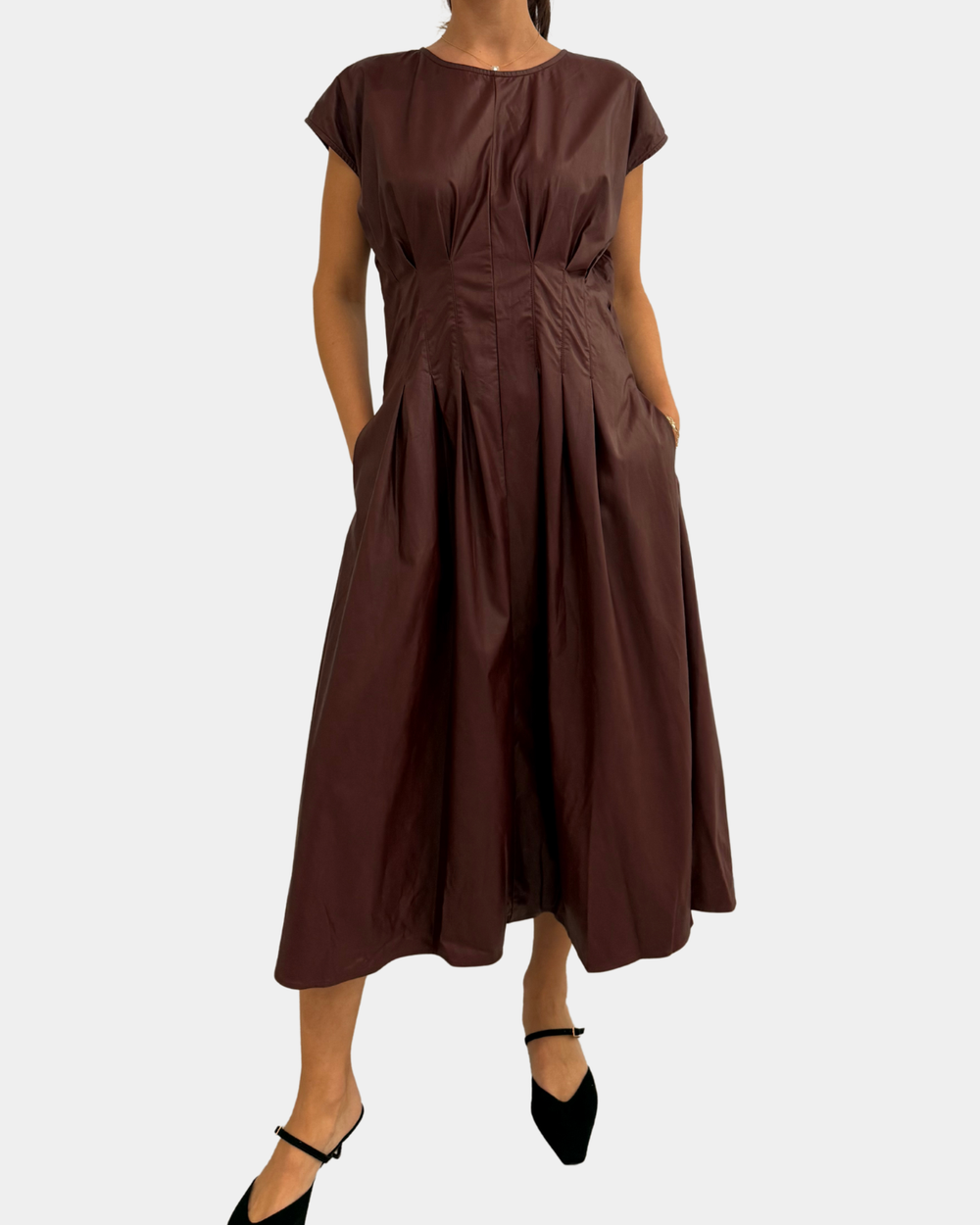 Long brown, pleated faux leather maxi dress