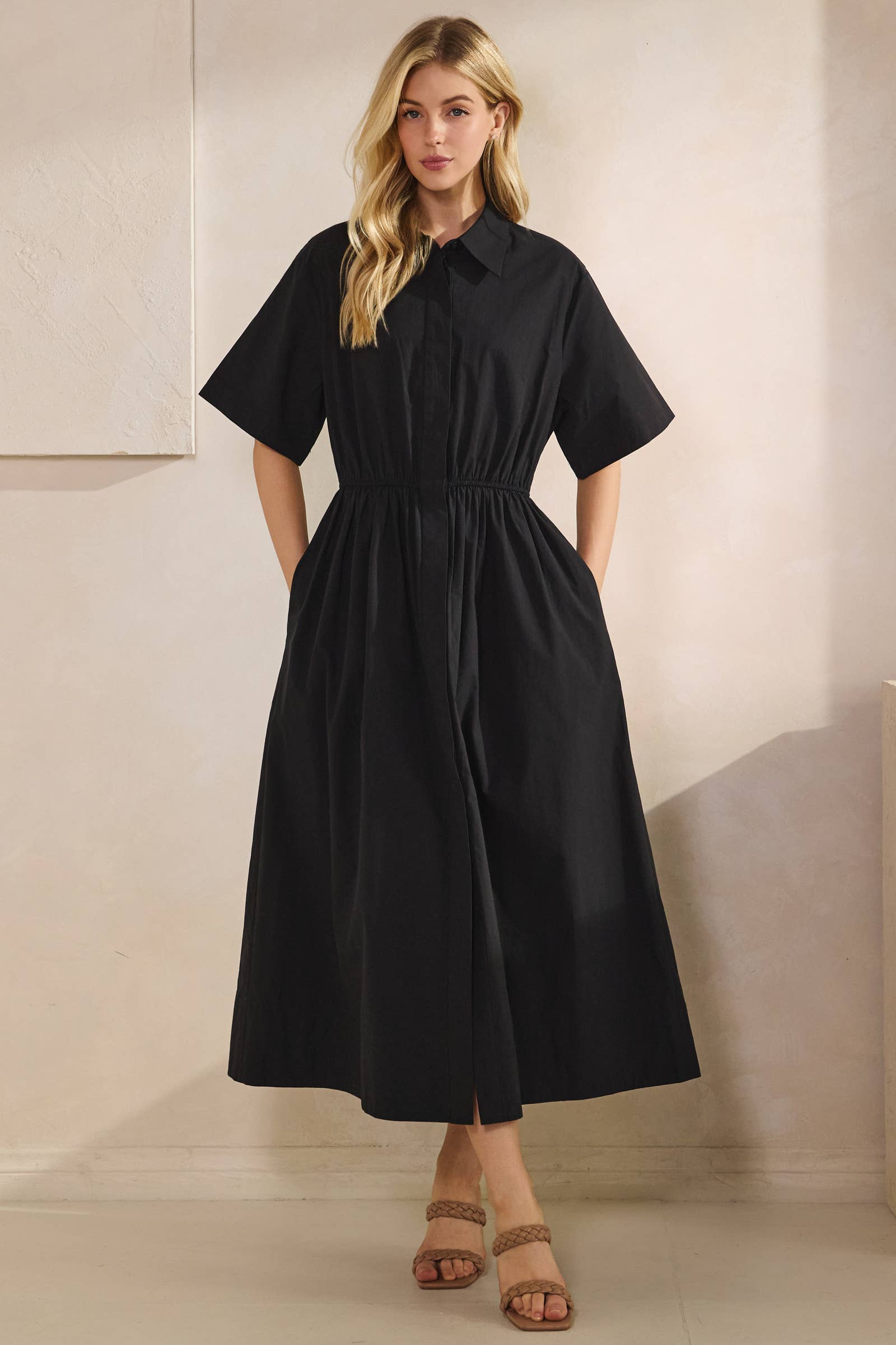 black short sleeve poplin collared button down maxi dress