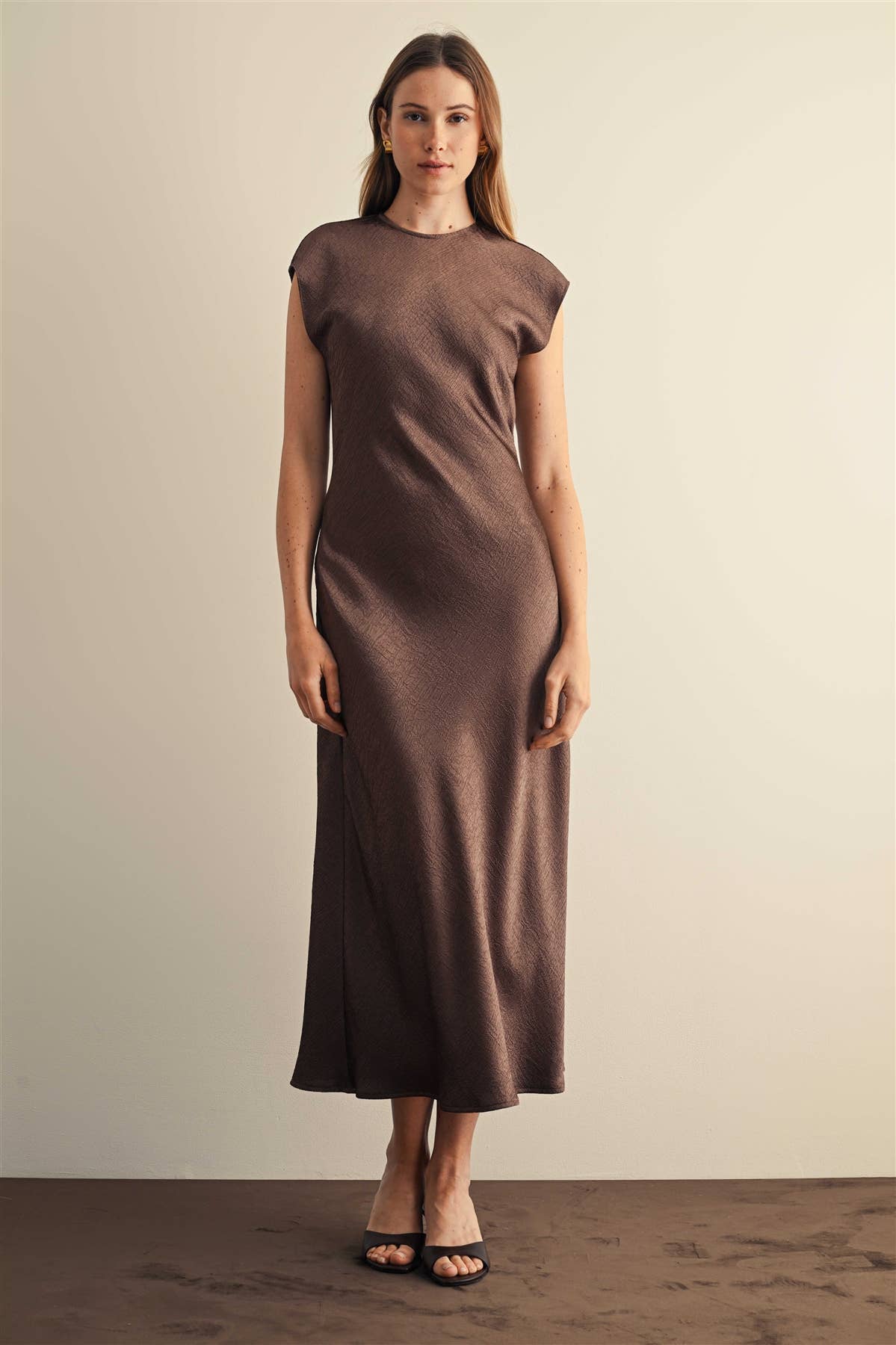 Textured Satin Dress - Brown