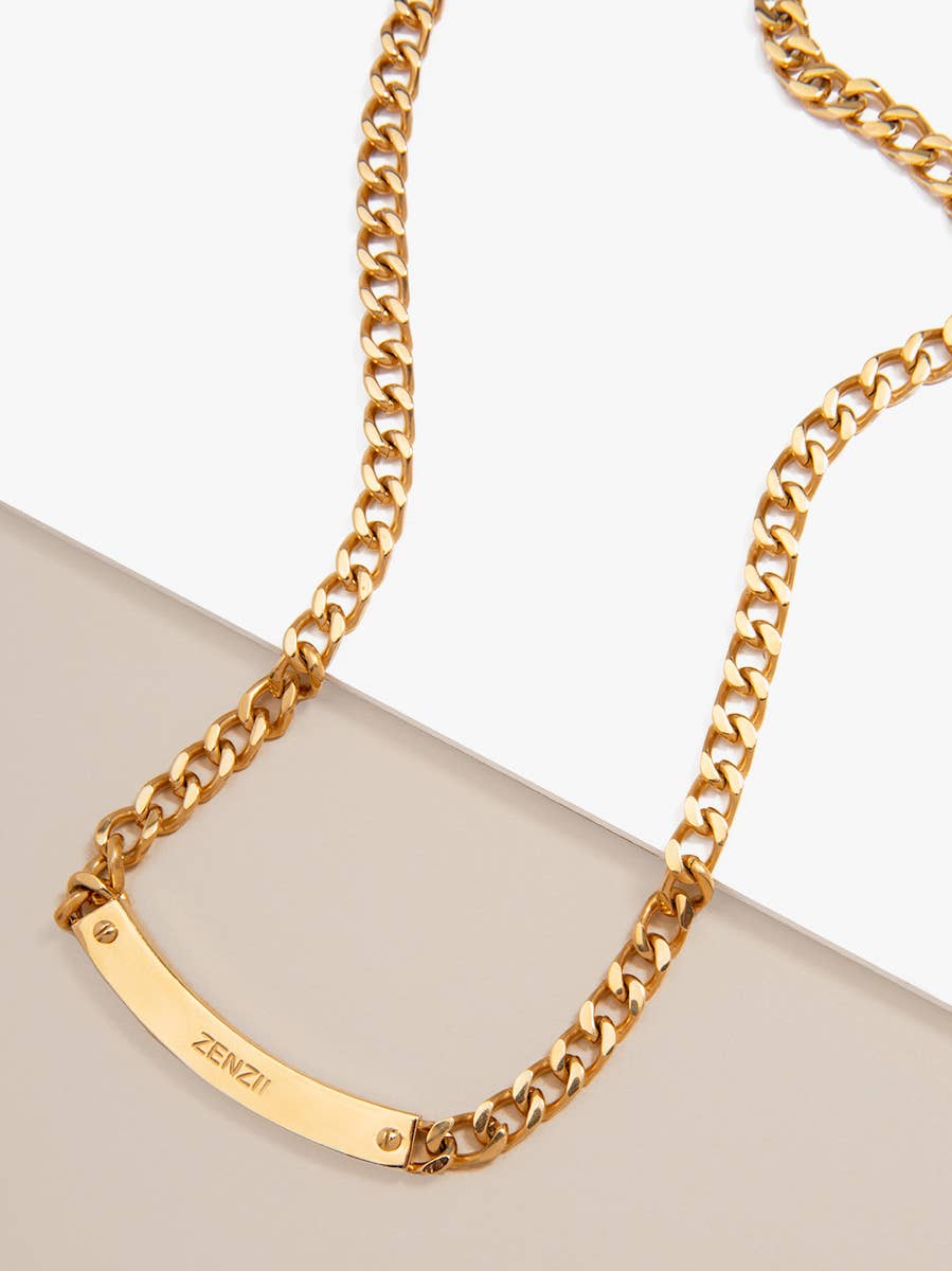 Zenzii Bar Charm Curb Chain Collar Necklace in Gold