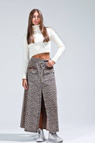 leopard print cargo style button front maxi skirt