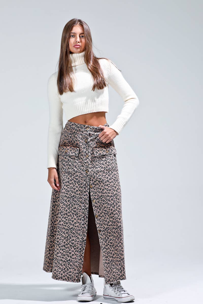 leopard print cargo style button front maxi skirt