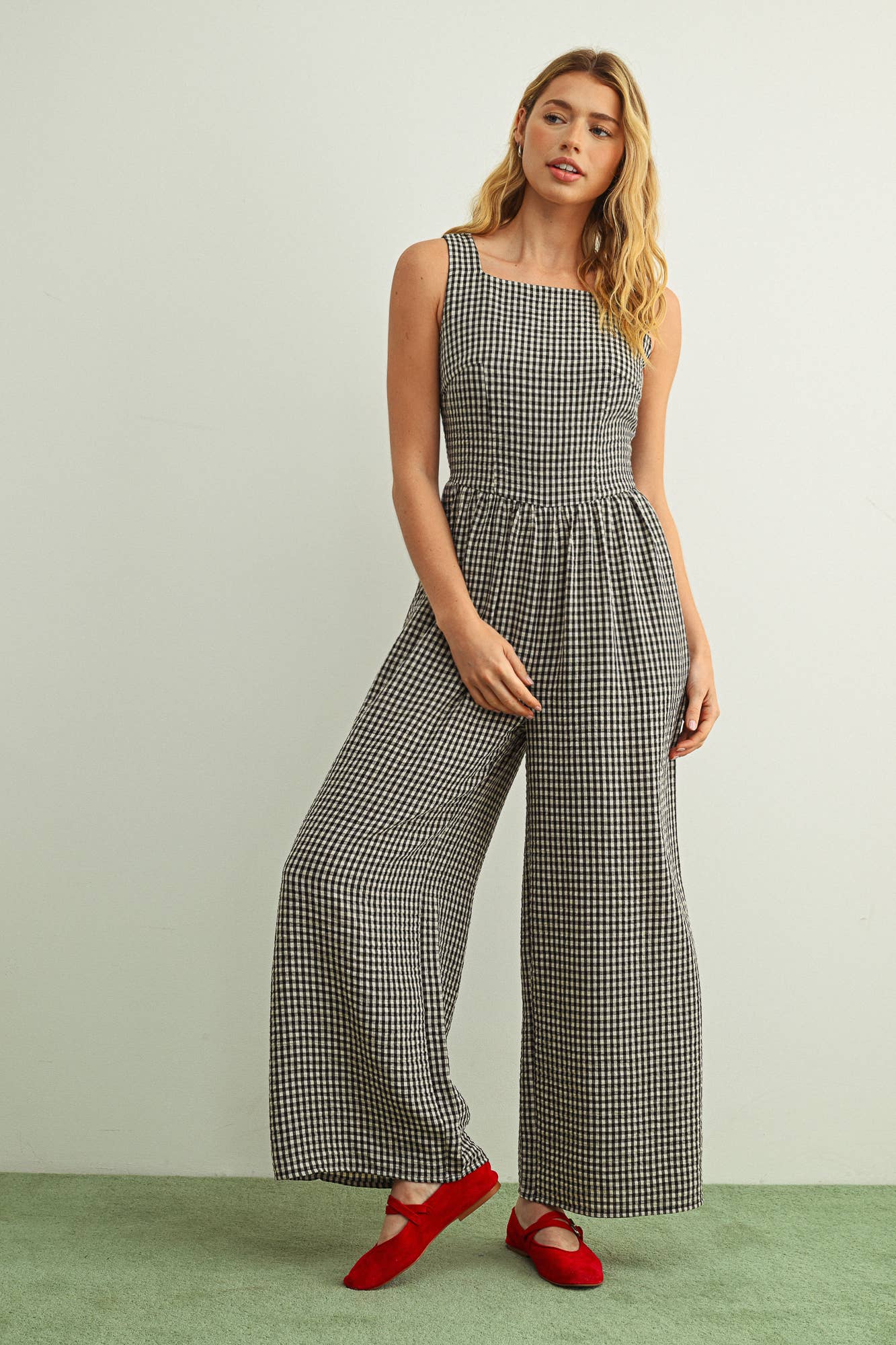 Miou Muse Black Gingham Printed Tie in the Back Jumpsuit 