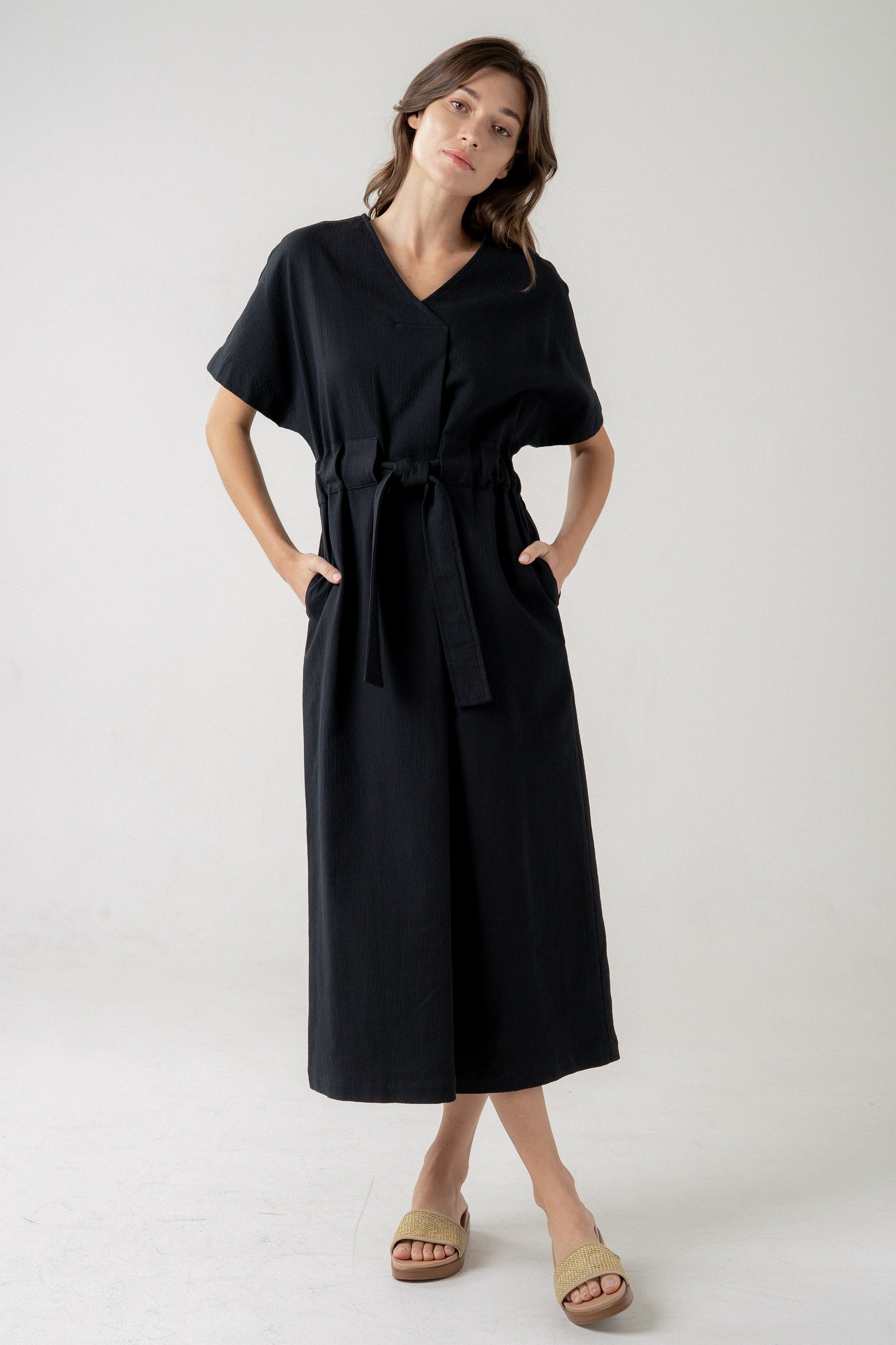 Short Sleeve, V Neck , Drawstring Waist Black Dress