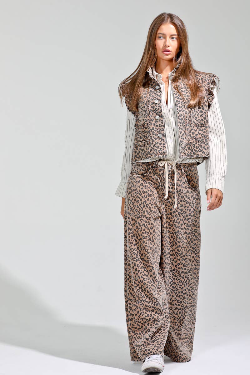 leopard print wide leg drawstring pants