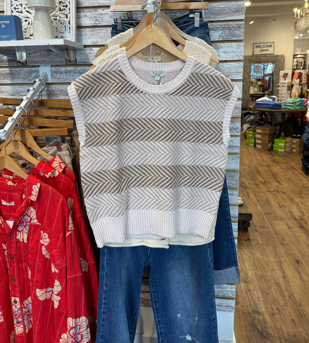 Striped Beige Crew Neck Sweater Vest.