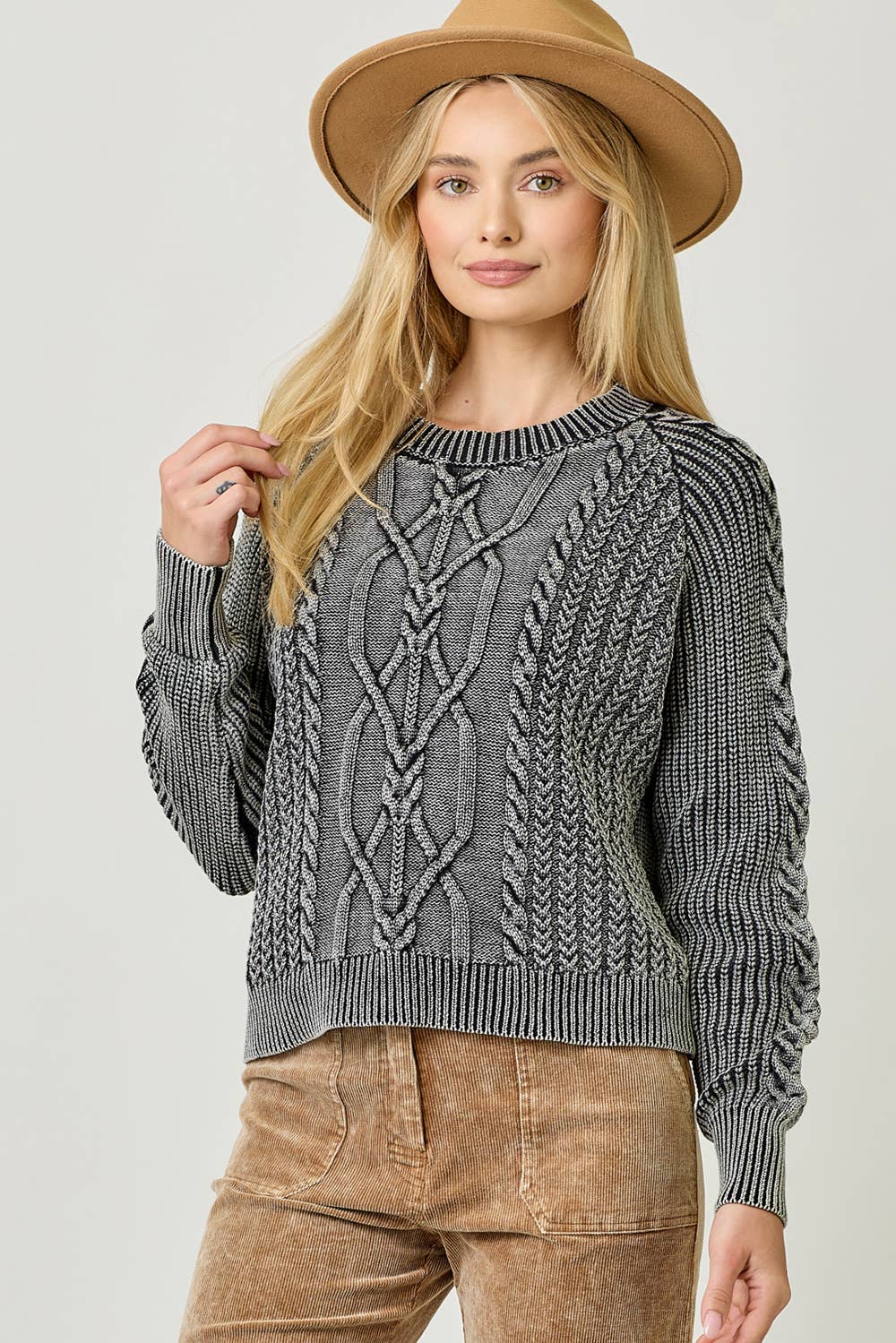 washed black long sleeve cable knit sweater