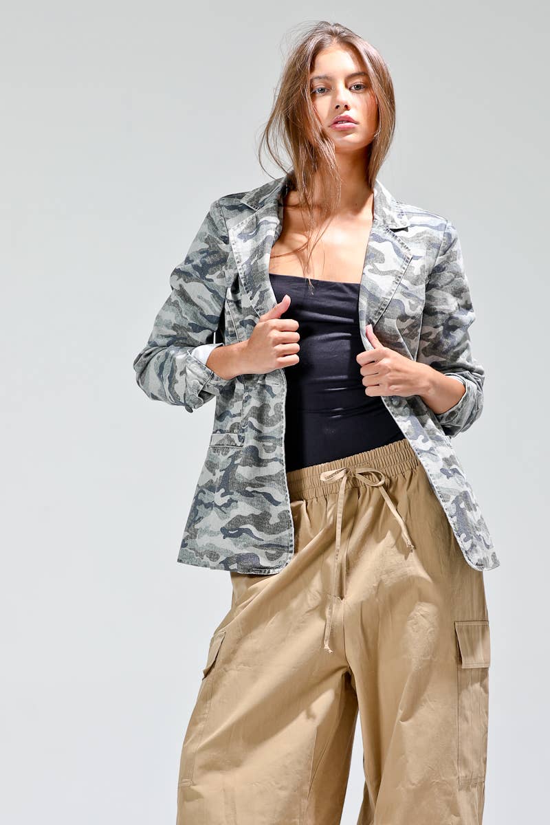 Camo Printed Green Button Down Blazer