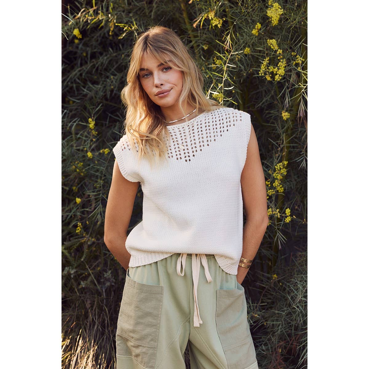 white open knit front yoke sleeveless sweater top