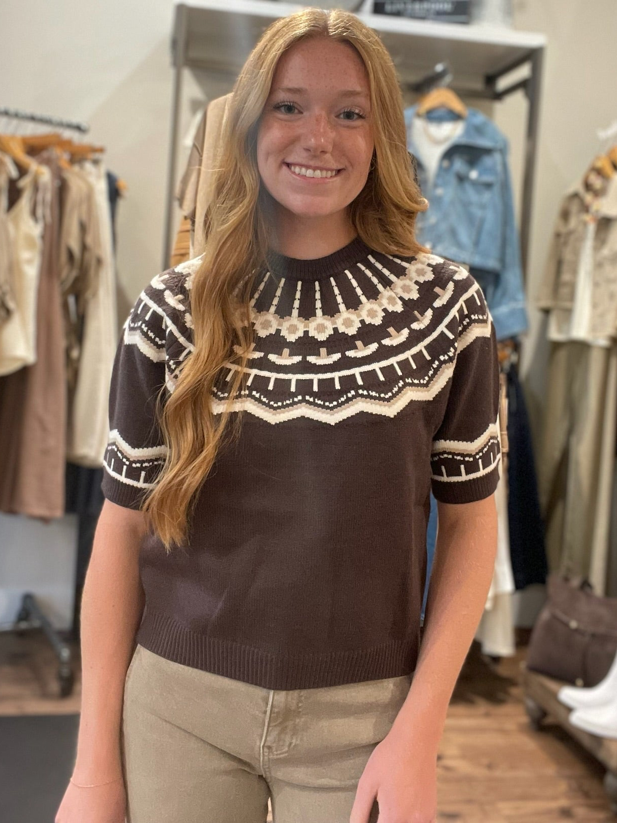 THML Short Sleeve Pattern Sweater - Brown