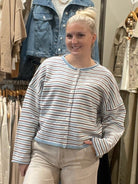 Lucid Multicolor Striped Roll Neck Cardigan in Blue/Brown