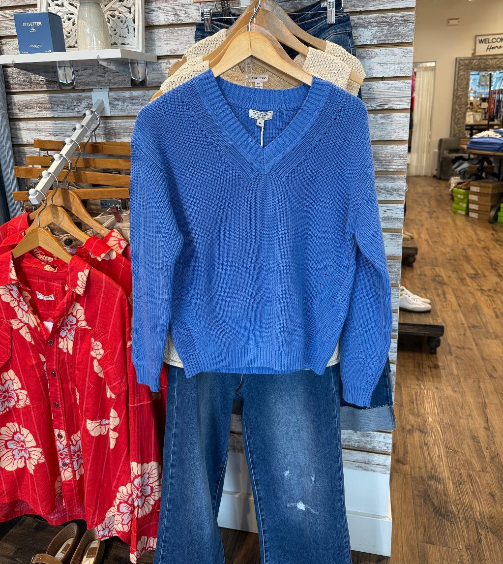 Long Sleeve, Blue V Neck Sweater.
