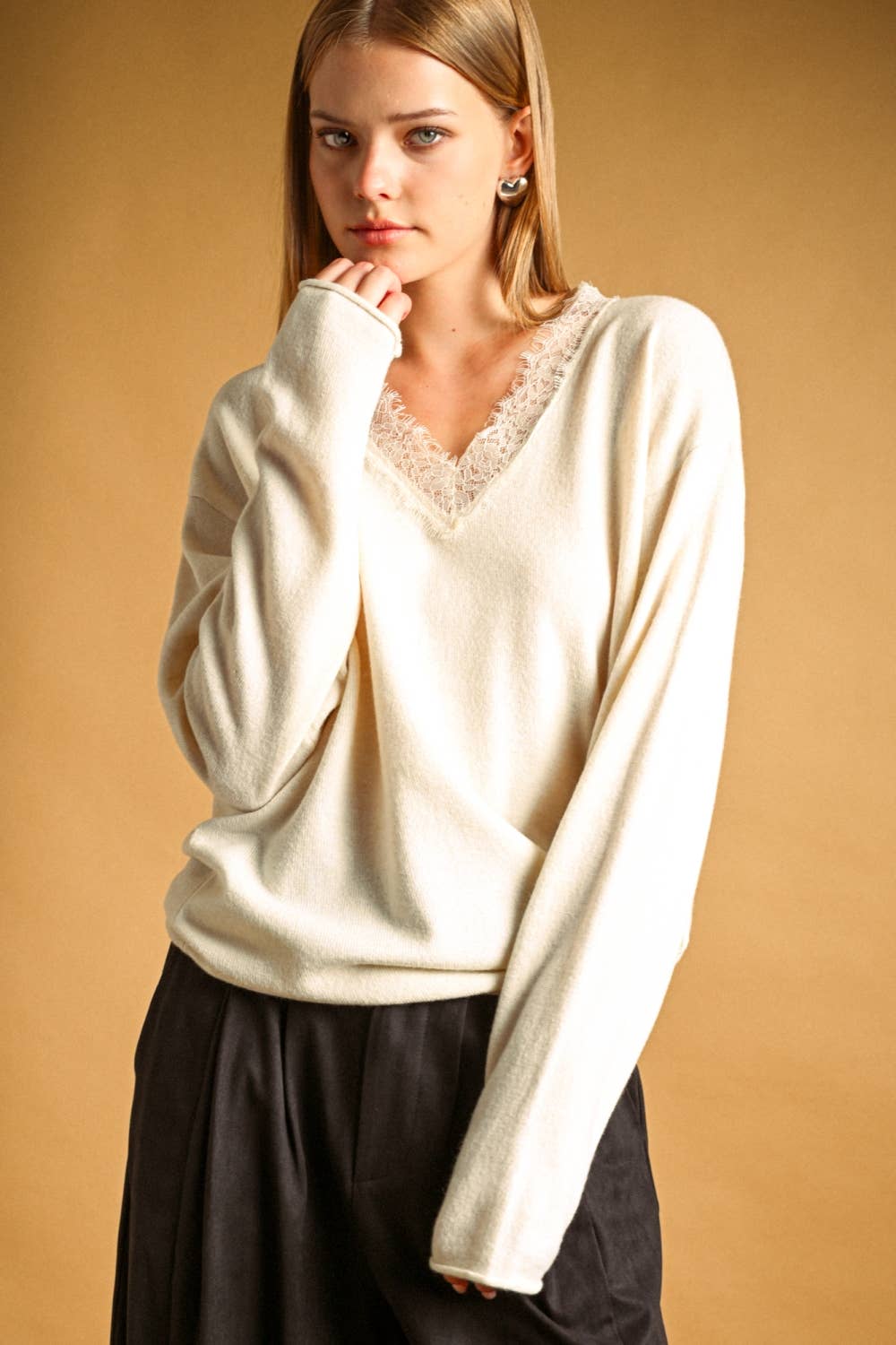 Miou Muse Long Sleeve Contrasted Knit Top - Cream