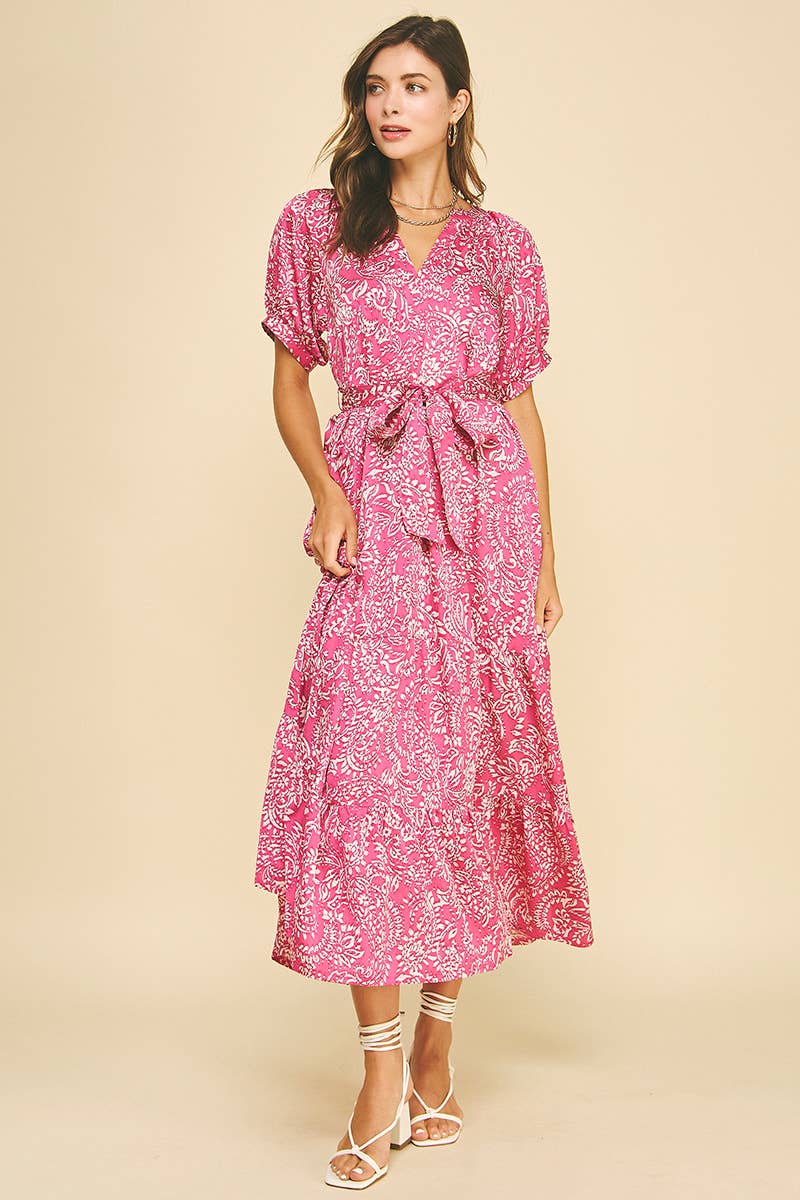 pink damask bohemian print maxi dress short sleeves tie waist