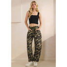 camoflauge printed barrel horseshoe jeans with green rope belt detail